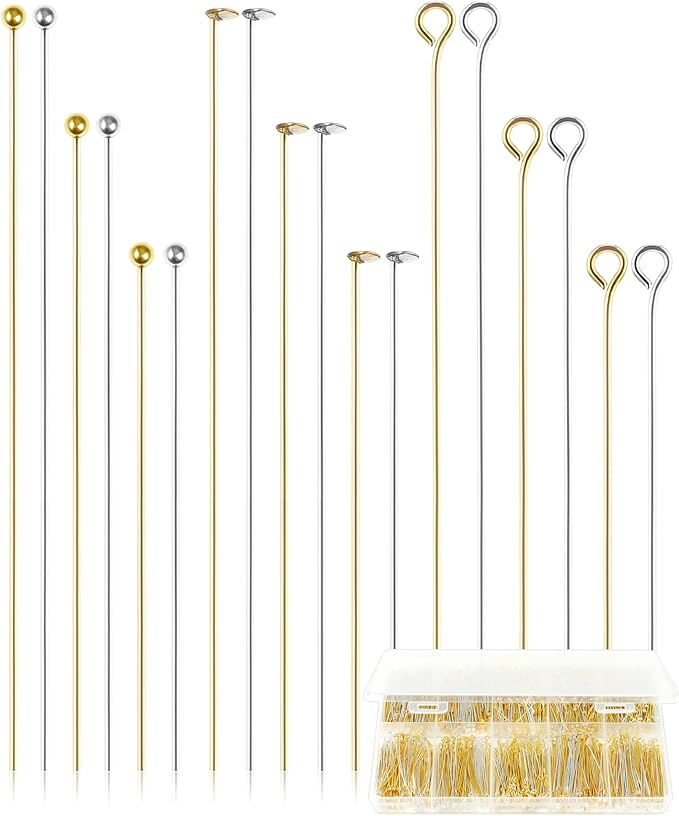 FIVEIZERO 900 PCS Eye Pins and Flat Head Pins for Jewelry Making, Metal Eyepins, Headpins & Ball Head Pins for DIY Earrings, Necklaces, Bracelets, Pendants, 1.2", 1.6", 2", Gold & Silver