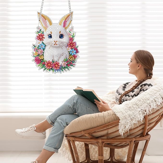 Tontut Easter Diamond Painting Wall Hanging, Bunny Special Shape Diamond Painting Kits, Acrylic Crafted Diamond Art for Home Wall Garden Decoration