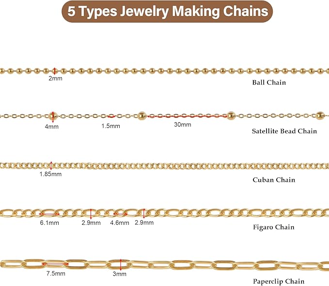 UMAOKANG 12 Meters 5 Rolls Stainless Steel Jewelry Making Chains Gold Plated Chain for Jewelry Making Jewelry Supplies Findings