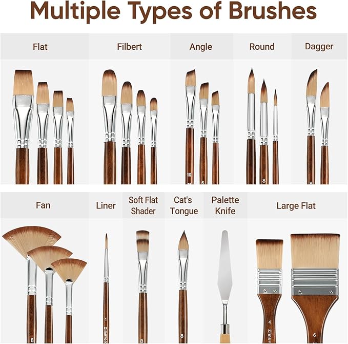 25pcs Paint Brush Set, Professional Paint Brush Set with Cloth Roll and Paint Spatula, Nylon Brushes for Acrylic Painting,Watercolor,Oil,Gouache, Art Supplies for Beginners and Artists (Wood)