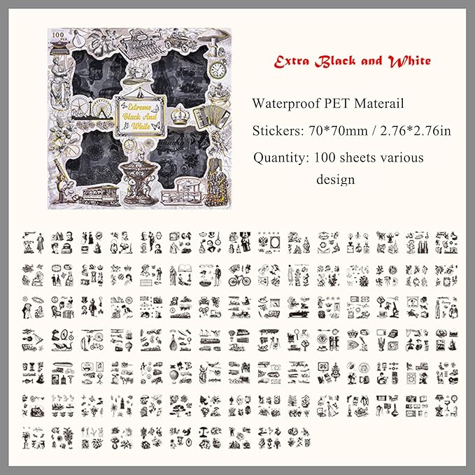 560pcs Black Vintage PET Stickers, Junk Journal Supplies for Adults Transparent Waterproof Scrapbook Stickers, Ephemera for Scrapbooking, Journaling, DIY Art Crafts, Laptop, Water Bottles, Card Making