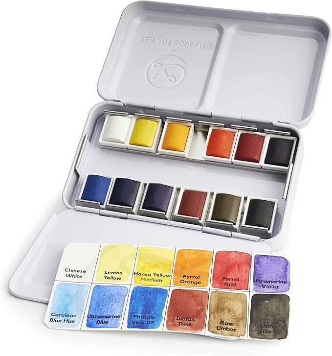 ZenART Professional Watercolour Paint - Non-Toxic 12 Half-Pan Set in Metal Tin Palette - Portable Travel Watercolour Set for Adults - Vibrant Essential Primary Water Colors