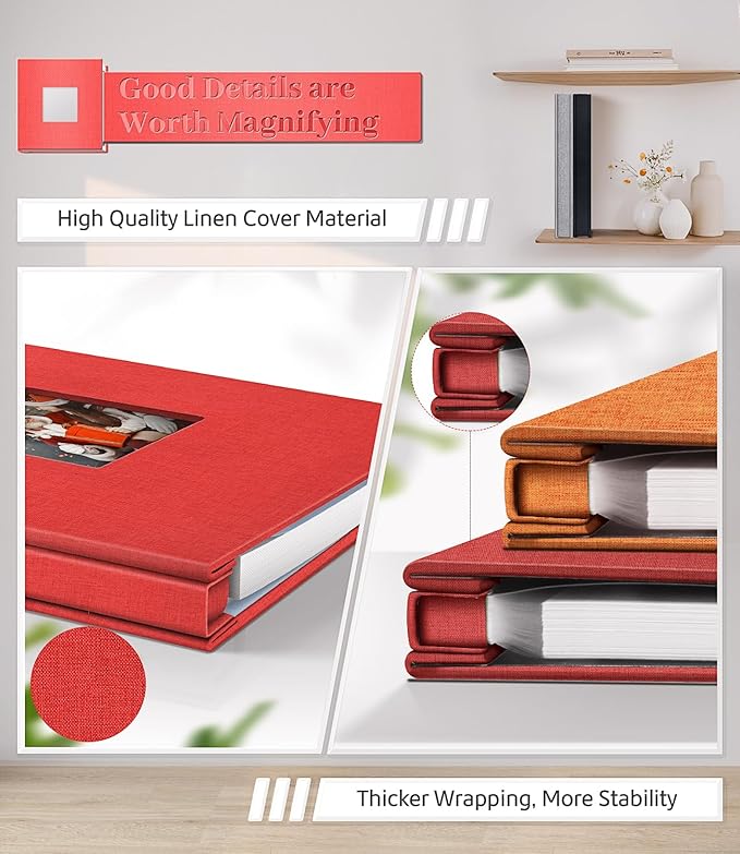 Photo Album Self Adhesive Scrapbook Album for 3x5 4x6 5x7 8x10 Pictures,40 Pages Linen Cover with Display Window DIY Photo Book,Ideal Gifts for Family Travel Wedding Baby