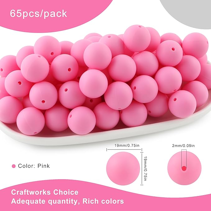 65Pcs 19mm Silicone Beads for Keychain Making Bracelet Necklace, Bulk Round Silicone Beads for Pens(Pink)
