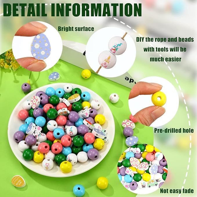 200 Pcs Easter Wooden Beads Colorful Round Flat Craft Bead Egg Colored Wood Craft Bunny Truck Midget Carrot Bead Handmade Polished DIY Crafts Garland Tray Decor