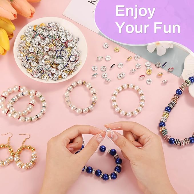 shynek 300 Pieces Rondelle Spacer Beads for Jewelry Making, 10mm Rhinestone Spacer Beads for Beaded Pens, Crystal Bead Spacers for Jewelry Making, Bracelets (10 Colors)