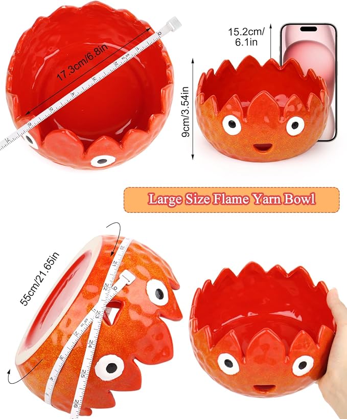 Coopay Flame Yarn Bowl for Crocheting/Knitting, Cute Yarn Storage Bowl with 7PCS Yarn, Large Size Ceramic Yarn Bowl Crochet Knitting Bowl for Beginners, Great Knitting Crochet Gift (6.8in)