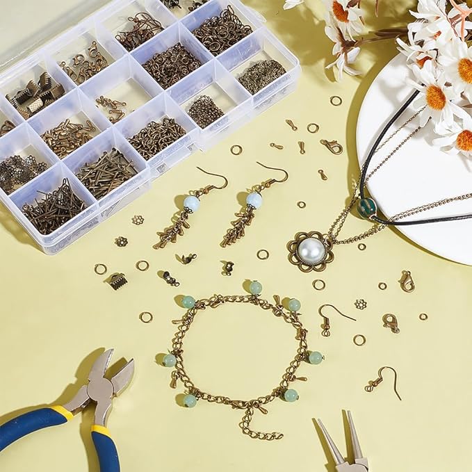 PH PandaHall About 870 Pcs Jewelry Finding Kits with Lobster Claw Clasps, Jump Ring, Ribbon Clamp End, Earring Hook, Flower Bead Cap, Cord End, Eye Pin, Head Pin, Extender Chain, Tip Knot, Drop End