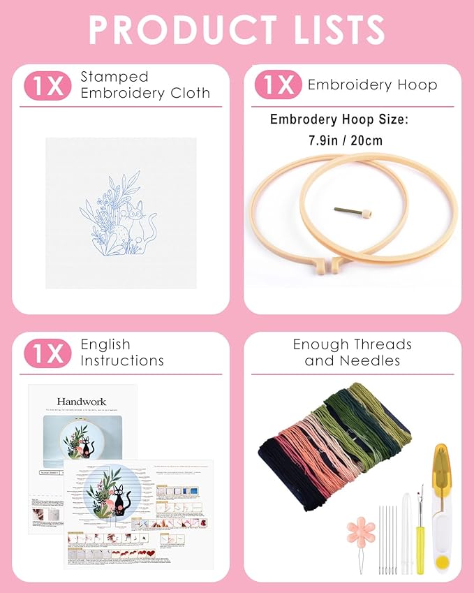 TINDTOP Embroidery Kit for Beginners Adult, Cat Embroidery Kit for Beginners Include Embroidery Cloth Hoops Threads for Craft Lover Hand Stitch with Embroidery Skill Techniques