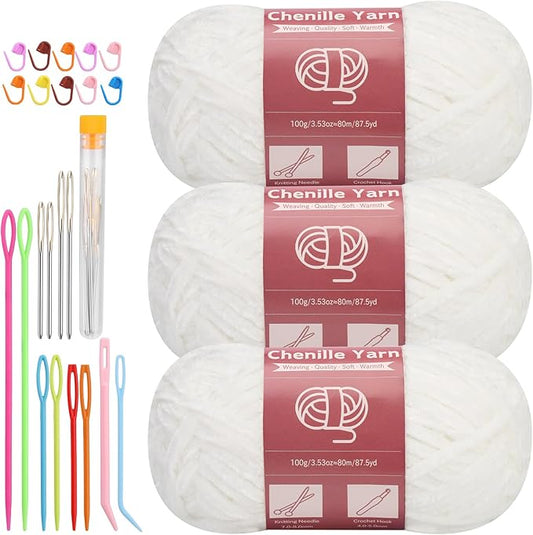 LUNARM Chenille Yarn for Crocheting Knitting, 3 Skein 263 Yard Thick Soft Chunky Fluffy Weaving Plush Yarn for Blankets Clothes Pattern Creations with Big Eye Needles (White)