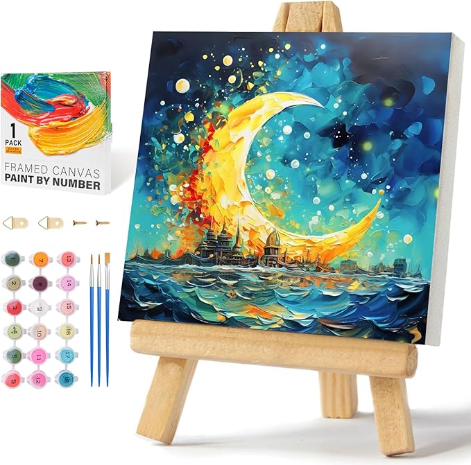 Framed Paint by Numbers Kit for Adults Beginners & Kids Ages 8-12, Sea and Moon Acrylic Easy Paint by Number with Frame, Watercolor Paint by Number Kits on Canvas Framed (10 * 10 Inch, without Easel)