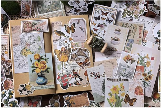 Alideco 200pcs Vintage Scrapbook Stickers Kawaii Fairy Scrapbooking Paper Washi Junk Journaling Supplies Collage Album Aesthetic Cottagecore Picture Frames(Plant Butterfly)
