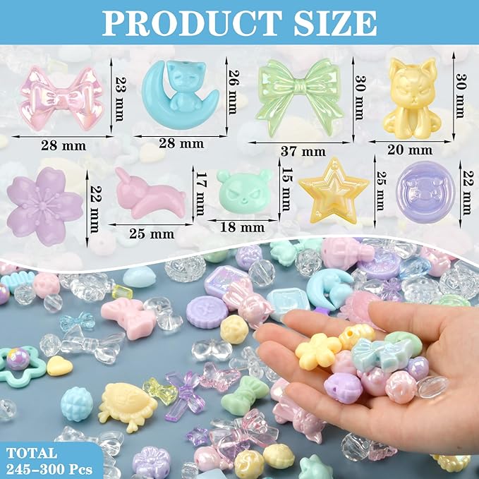 ABONDEVER 245-300Pcs Assorted Acrylic Beads for Bracelets Making Cute Star Bow Flower Candy Heart Gummy Bear Butterfly Aesthetic Beads for DIY Jewelry Crafts Keychain Necklace Phone Charms(5 Colors-A)