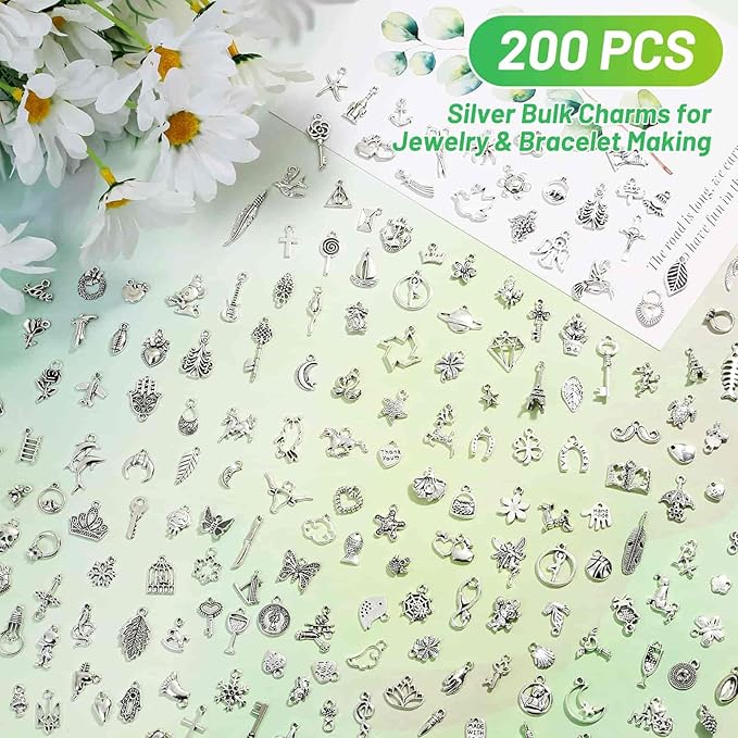 Acejoz 200Pcs Silver Charms for Jewelry Making and Bracelets, Wholesale Bulk Assorted Mixed Tibetan Earring Charms for DIY Necklace Bracelet Jewelry Making and Crafting