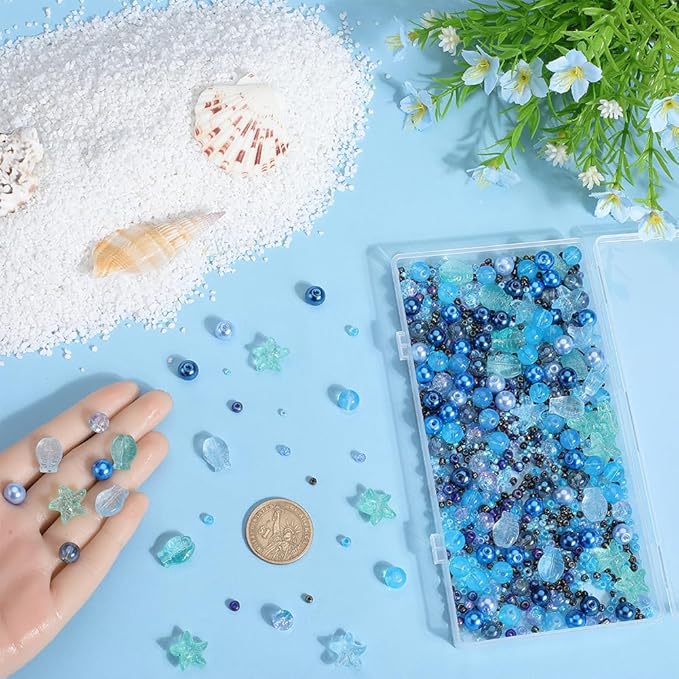 SUNNYCLUE 1 Box 540pcs Glass Ocean Beads Kit Mini Glass Seed Beads Sea Animal Summer Hawaii Sea Starfish Fish Spacers for Jewelry Making Beading Kits DIY Bracelets Necklace Supplies