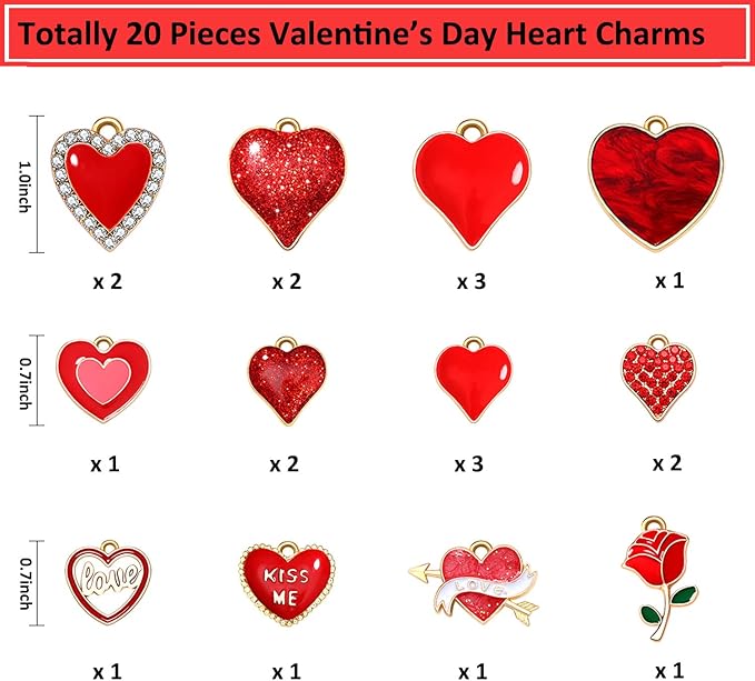 320 Pieces Valentine’s Day Beads Heart Charms for Necklace Bracelet Jewelry Making Red Crystal Pearl CCB Beads Rhinestone Glitter Heart Pendant Charms for DIY Crafts Decorations