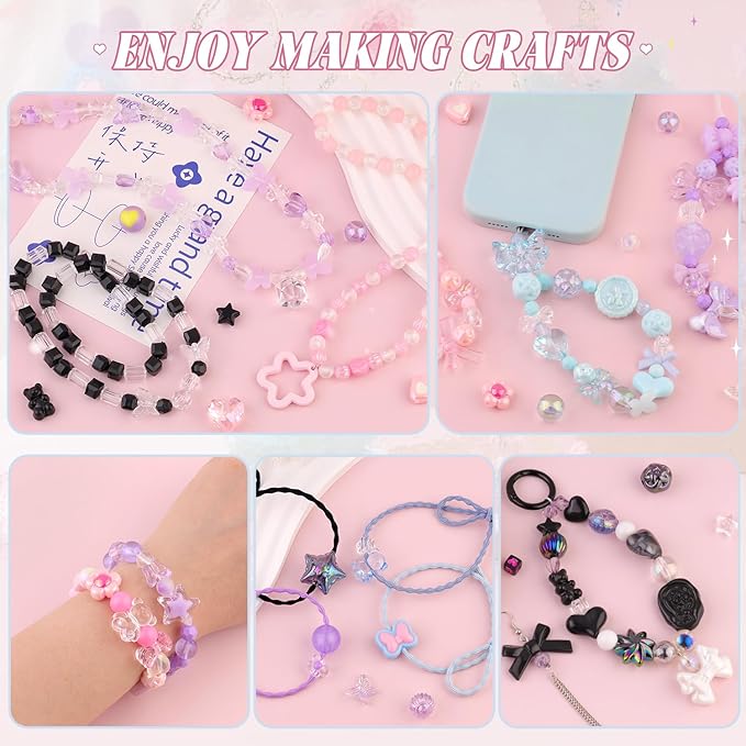 200-260pcs tinkrstuff assorted acrylic beads black cute beads for bracelet making, bow aesthetic gummybear flower candy butterfly kawaii charms for jewelry making diy necklace keychain phone charm