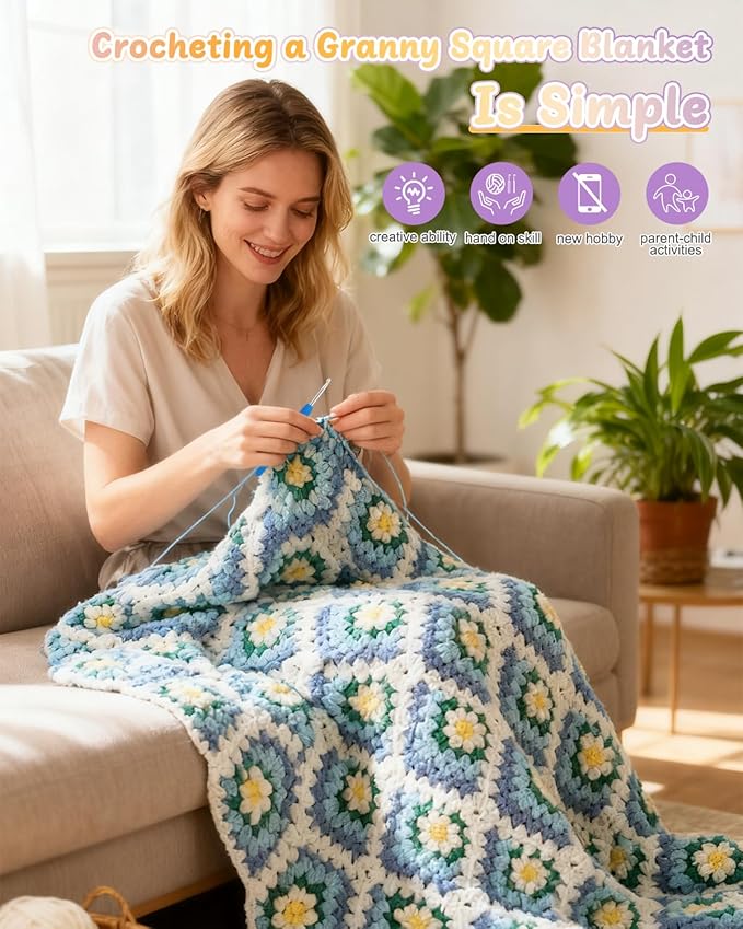 Coopay 3D Blanket Crochet Kit for Beginners, All-in-One Granny Square Blanket Kit with Step-by-Step Video & Enough Yarns - Master 3D Granny Square Crocheting Easily, Ideal Gift for Craft Lovers (Blue)