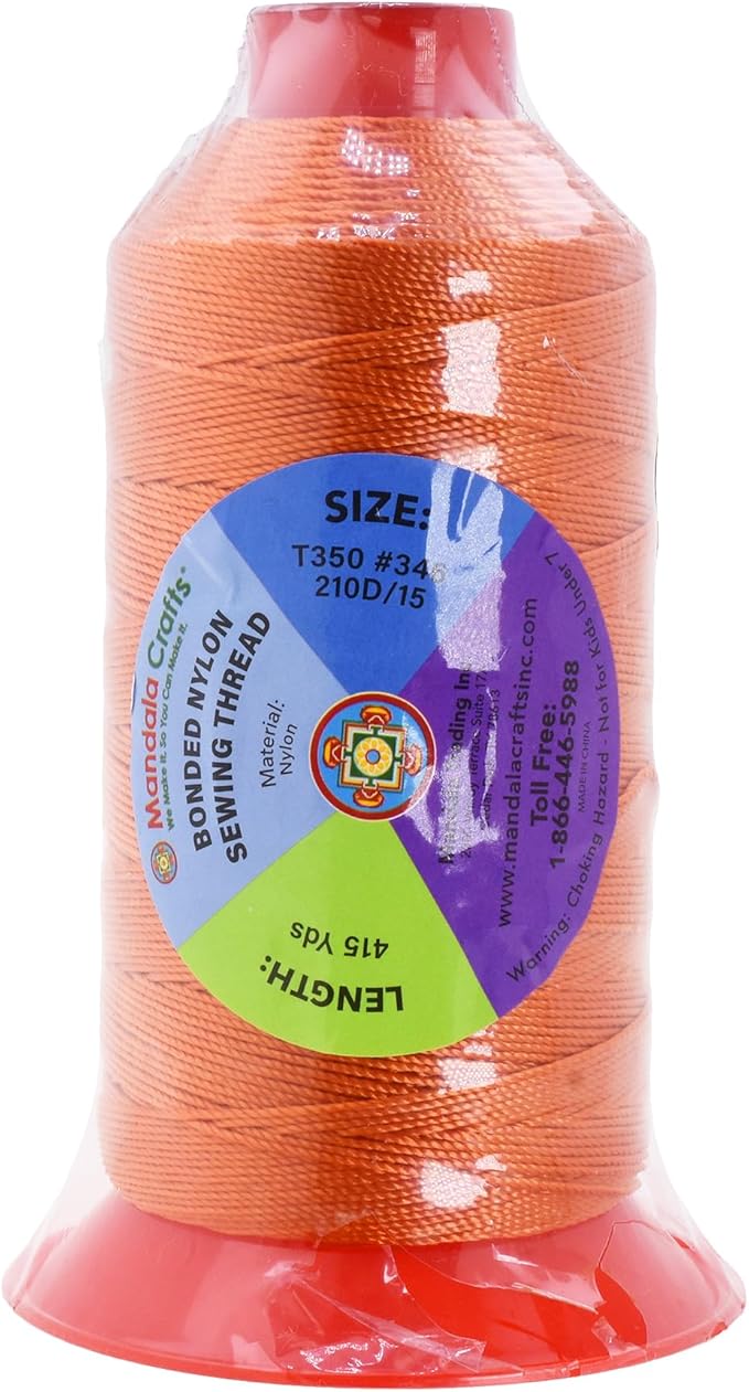 Mandala Crafts Size 346 210D T350 Bonded Nylon Thread - Orange 415 YDs Tex 350 Heavy Duty Sewing Threads for Leather, Jeans, Weaving, Outdoor Marine Upholstery