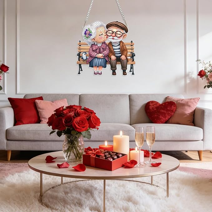 GHHKUD Love Diamond Art Hanging Kit for Adults, DIY Double Sided Diamond Painting Hanging Grandparents Kits Adults, Special Shaped Acrylic Ornaments Pendants for Window Home Garden Wall