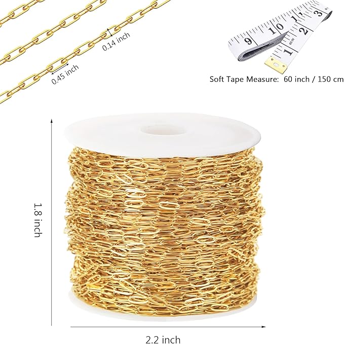 16Ft Stainless Steel Paperclip Chain for Jewelry Making, 3.5mm Width Gold Plated Paper Clip Link Chains Roll for DIY Necklace Bracelet Jewelry Making Supplies with Lobster Clasps Soft Tape Measure
