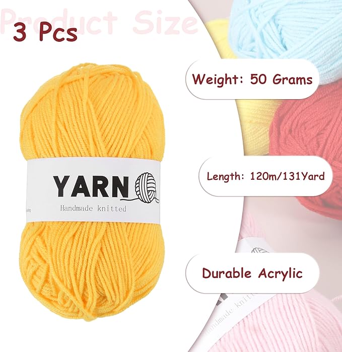 3Pcs Yellow Acrylic Yarn 400 Yard 4 Ply Soft Crochet Yarns Sport Weight Yarn,[for DIY Crocheting Knitting Craft Blankets Hats]-150g