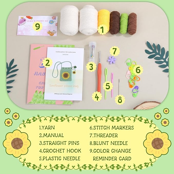 Pnytty Crochet Kit-Bag for Beginners, DIY Crochet Flower Bag Starters Craft Kniting Kits for Adults Include Crochet Yarn Hook Tools Supplies and Easy Step-by-Step Video Tutorials (Beige)