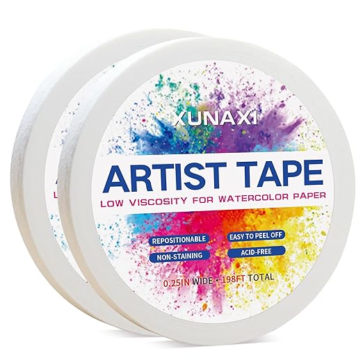 2 Packs Art Tape, Artist Tape for Watercolor Paper Low Tack White Painters Tape for Drafting Art Painting Canvas Framing Acid Free Masking Tape-0.25IN Wide 198FT Long Total