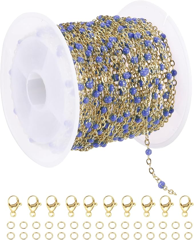 MECCANIXITY Stainless Steel Bead Chain, 16.4 Feet/5M Enamel Beaded Jewelry Link Cable Chains Spool Kit for Jewelry Making, Necklace, Bracelets, DIY Crafts (Gold/Blue, Pack of 1)