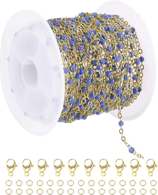 MECCANIXITY Stainless Steel Bead Chain, 16.4 Feet/5M Enamel Beaded Jewelry Link Cable Chains Spool Kit for Jewelry Making, Necklace, Bracelets, DIY Crafts (Gold/Blue, Pack of 1)