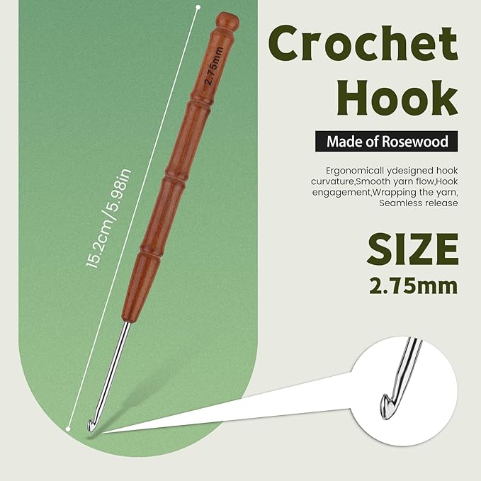 Wuadua 2.75mm Crochet Hook, Ergonomic Crochet Hook with Wooden Handle, Crochet Needle for Arthritic, Ideal for Fine Cotton Yarn, Perfect for Crafting Bags, Hair Ties, and Lightweight Scarves