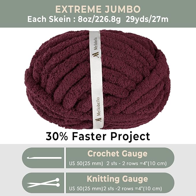 Jumbo Chunky Yarn for Hand Knitting - Super Thick Chenille Chunky Yarn for Crocheting - Extra Soft Bulky Fluffy Blanket Big Yarns 8 Jumbo Pack (27yds,8 oz Each Skein) Wine Red