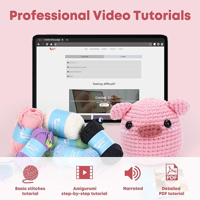 Crochet Kit for Beginners: Pink Pig Crochet Kit, All You Need in, Include Step-by-Step Video Tutorials, Learn to Crochet, Birthday Gift for Adults, Teens, Relaxing Craft