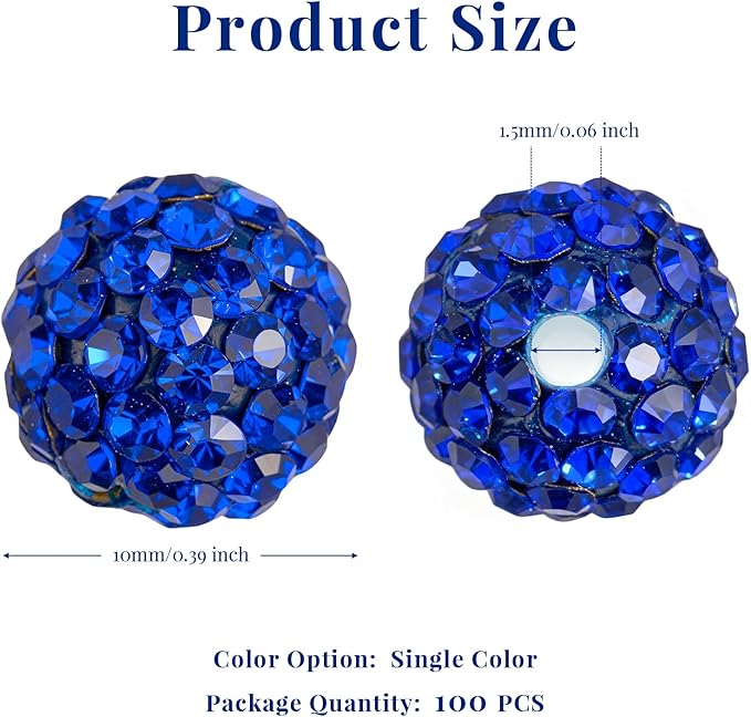 100Pcs 10mm Dark Blue Rhinestone Beads for Jewelry Making, Shiny Round Disco Ball Sparkly Crystal Clay Beads Bulk with 10-Grid Storage Box for DIY Baseball Necklaces Shamballa Bracelets