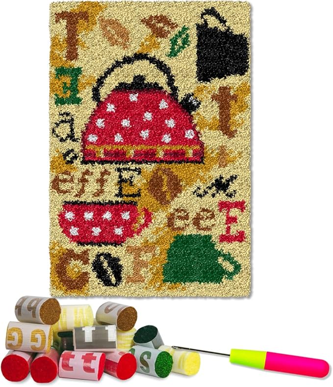 DL-YTG Latch Hook Kits Rug Coffee Crochet Yarn Cushion Colour Pre-Printed Canvas Cover Rug Needlework DIY Hook and Latch Kit Christmas Home Decoration 52x38cm/20 X15inch