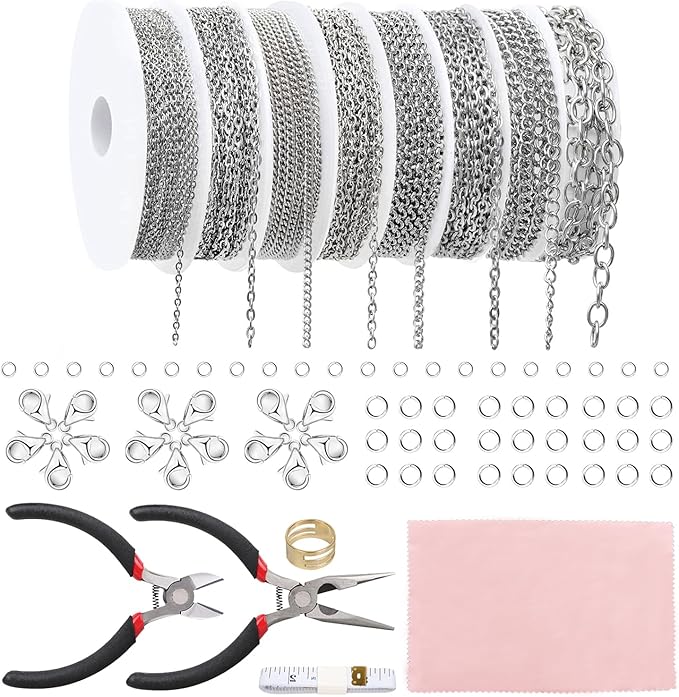 Fesorsi Silver Chain for Jewelry Making, 65ft 8 Style Steel Jewelry Chain, Electroplating Process, for DIY Necklace Chains, Tassel Pendants, with Jump Ring, Lobster Clasp, Pliers