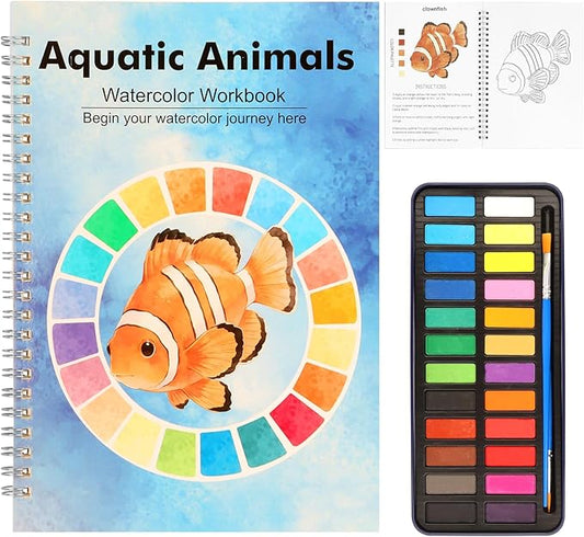 Ocean Watercolor Workbook for Beginners with 24 Colors Paint Set – Water Coloring Book with 12 Ocean Designs, Step-by-Step Painting Guide, Relaxing Watercolor Workbook Art Kit for Adults Teens
