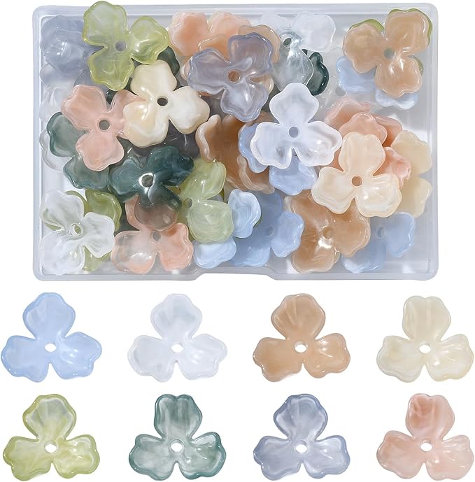 Ipotkitt 40 Pcs 8 Colors Acrylic Flower Bead Caps Colorful 3 Petal Flower Spacer Beads Plastic Floral Bead Caps for DIY Earring Necklace Jewelry Making Decor