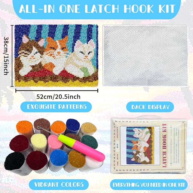 ORIGACH Cat Latch Hook Rug Kit for Adults DIY Needlework Cover Printed Rug Making Kit Handmade Carpet Tapestry Cushion with Hook Latch and Preprinted Canvas, Home Arts Crafts Sofa Decor, 20.5x15inch