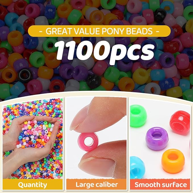 gaganiu pony beads 1100+ pcs – black plastic kandi beads in jar for bracelets, hair braids, jewelry making & diy crafts