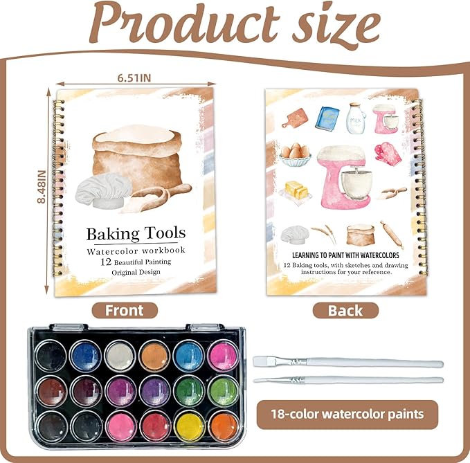 Watercolor Workbook, Water Coloring Book, 12 Different Patterns of Original DIY Designs, 18 Colors Watercolor Paint Set, Beginner-Friendly Watercolor Workbooks (Baking Tool), Perfect Gifts for Adults