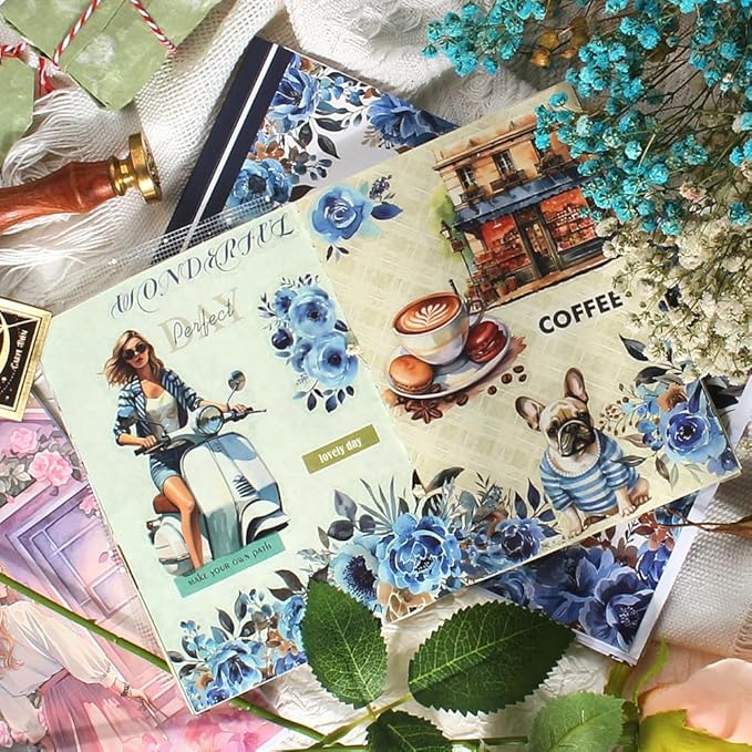 Vintage Watercolor Flower Stickers, Precut Journal Sticker Book for Junk Journaling, Assorted Materials PET Washi Paper Stickers for Scrapbooking Supplies, Planners, Collage, 20 Sheets, A5