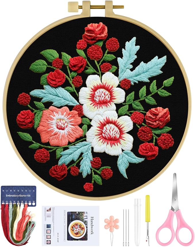 ERKOON Embroidery Kit for Beginners, Flower Cross Stitch Set for Include Embroidery Cloth Hoops Threads for Craft Lover Hand Stitch with Embroidery Skill Techniques (Dream Black Cloth)