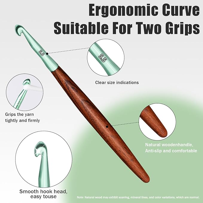 Giwrmu Crochet Hooks, 5.5mm Ergonomic Crochet Hooks, Colored Aluminum Crochet Hook with Wooden Handle for Arthritic Hands Knitted Dolls, Gloves, Sweaters, Blankets - Available in 3mm-7mm