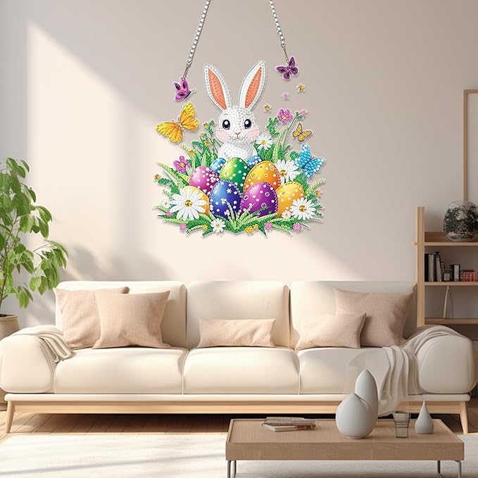 Miwixy Easter Hanging Diamond Art Kits for Adults,Rabbit Special Shaped Crystal Christmas Diamond Painting Ornament Kit DIY Double-Sided Pattern Window Pendant Gem Art Kit for Home Wall Decor