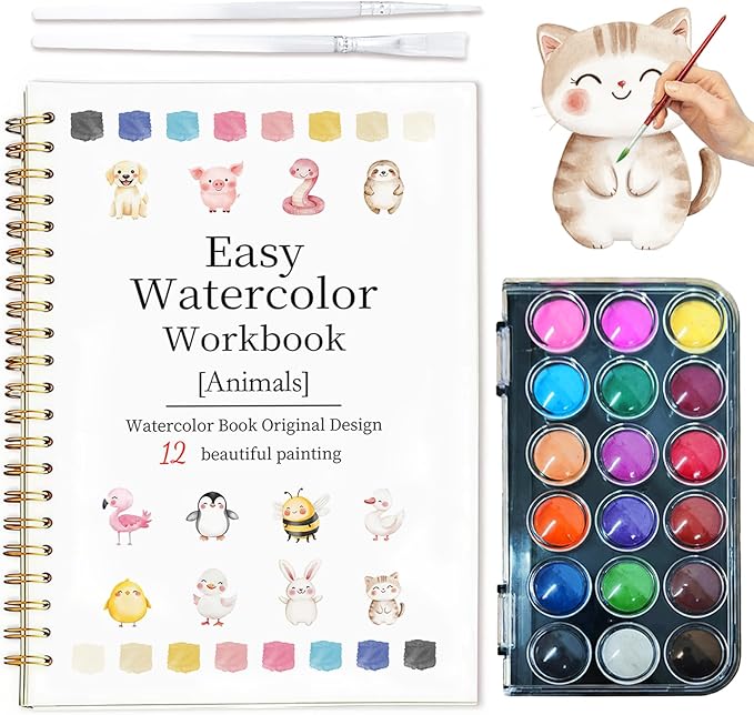 Easy Watercolor Workbook for Beginners - 12 Beautiful Step-by-Step Paintings Water Coloring Book, Includes 18 Colors Paints, Relaxing Art Projects and Creative Gift for Adults & Teen (Animals)
