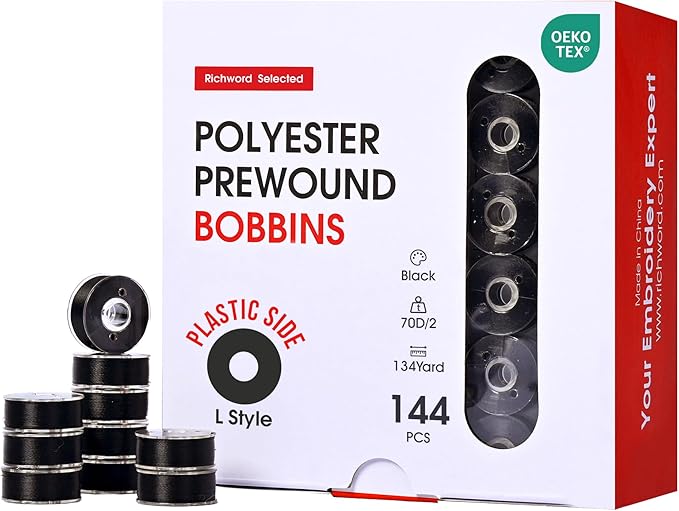 Poolin Richword Selected Prewound Bobbins, Plastic Sided,144pcs Size L(SA155), 70D/2(60WT) Polyester Bobbin Thread for Commercial Multi Needles Embroidery Machine, Black 105 Yards