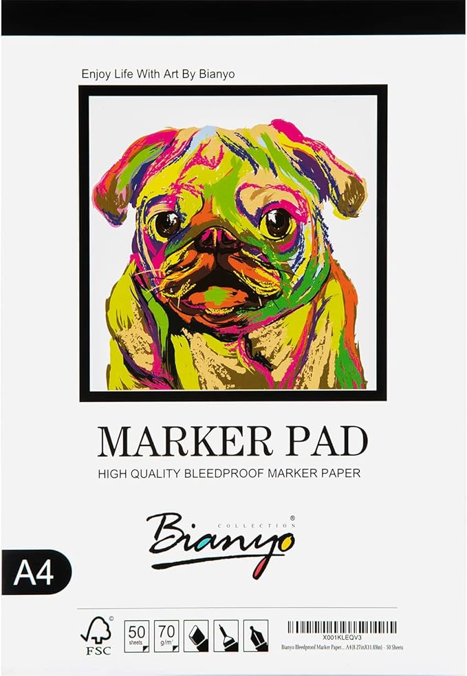 bianyo bleedproof marker paper pad, a4(8.27"x11.69"), 50 sheets, 18 lb / 70 gsm, glue-bound, 100% cotton, white, ideal for use with markers and ink mediums