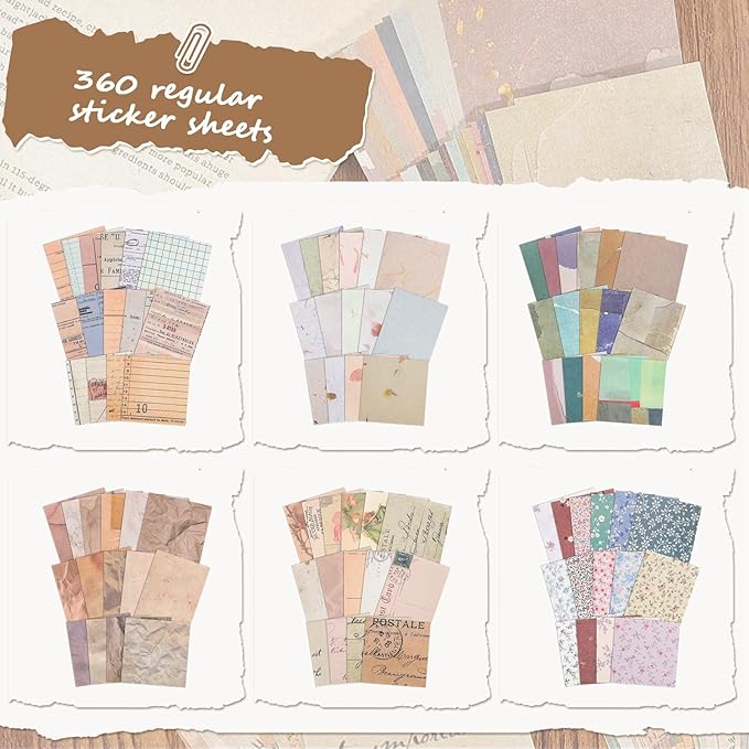 360 Pcs Vintage Scrapbook Paper, Journaling Supplies Kit, Delicate Decorative Paper with Floral Stickers & Multi-Size Scrapbook Paper for Junk Journal, DIY Collage Art, Vintage Crafts