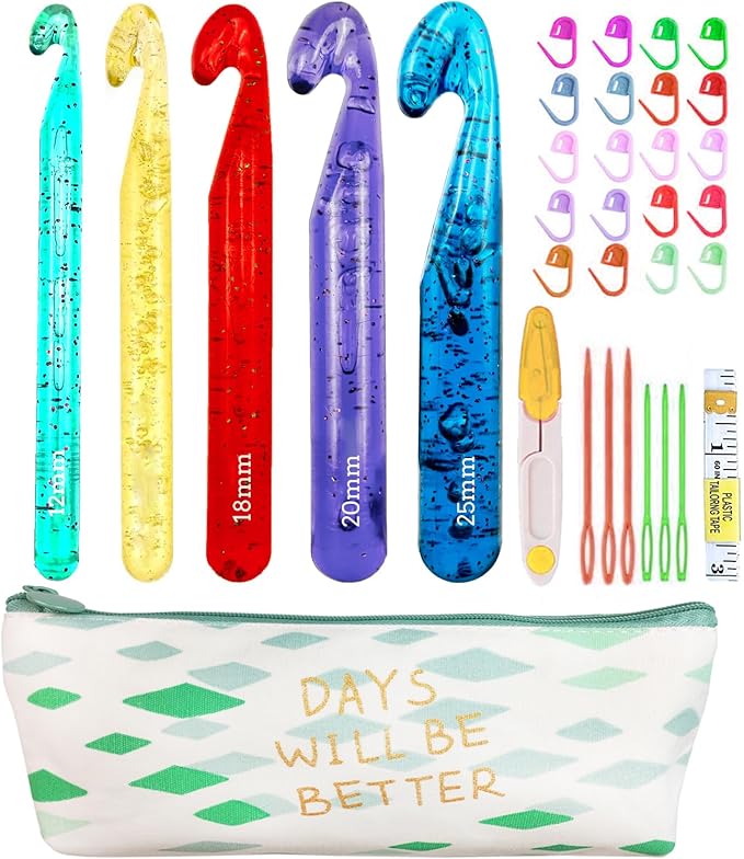 Weabetfu 5 Large Crochet Hook,25mm 20mm 18mm 15mm 12mm Size Crochet Hook, Large Crochet Hook for Chunky Yarn,24PCS Big Crochet Hook,10mm-25mm Crochet Hook with Case (Colourful)
